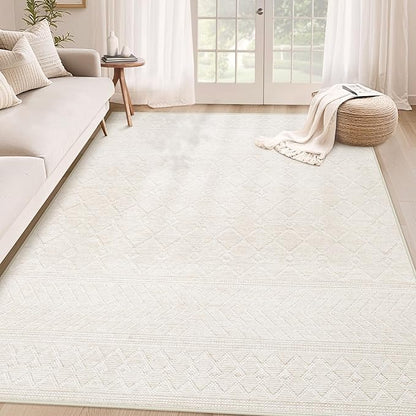 pmtsns 4x6 Geometric Rug: Washable Boho Moroccan Throw Rug Neutral Modern Farmhouse Indoor Soft Non Slip Ultra Thin Printed Pattern Rugs for Kitchen Bedroom (Beige, 4'x6')