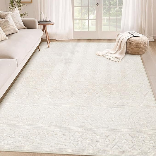 pmtsns 4x6 Geometric Rug: Washable Boho Moroccan Throw Rug Neutral Modern Farmhouse Indoor Soft Non Slip Ultra Thin Printed Pattern Rugs for Kitchen Bedroom (Beige, 4'x6')