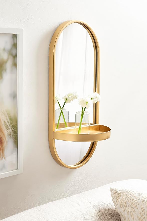 Kate and Laurel Estero Modern Metal Oval Mirror with Rounded Shelf; 11 x 25; Gold; Decorative Modern Glam Capsule Shelf Mirror for Storage and Display