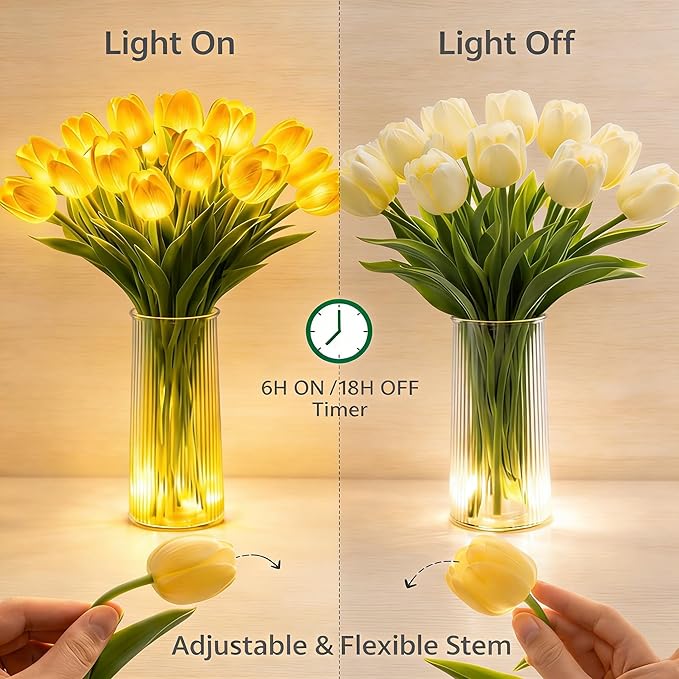 Radiant Romantic Tulip Light with Vase, 15 PCS Twinkling Tree Tulips LED Night Light Long-Lasting Brightness, Flower Shaped Ambient Night Lamp for Bedroom Bedside Decor & Gift (White)