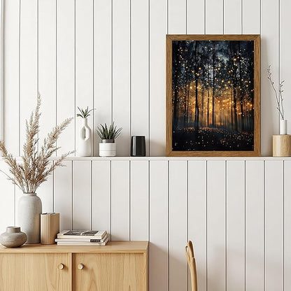 JLTULT Framed Enchanted Forest Firefly Canvas Wall Art, Dark Twilight Landscape Wall Decor, Rustic Botanical Nature Tree Art Prints for Bedroom Living Room Office Decoration 12x16 inch Easy to Hang