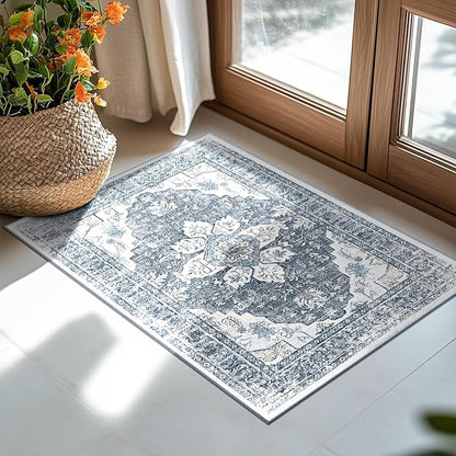 BESTSWEETIE 2x3 Area Rug Washable Rugs for Living Room, No Pile Boho Carpet for Entryway Bedroom Dinning Room, Vintage Carpet Print Distressed Non-Slip, 2 x 3 ft, Blue Grey White