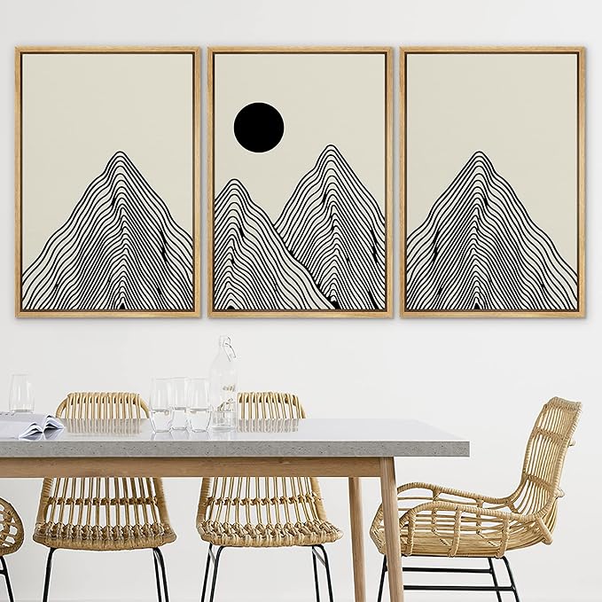 SIGNLEADER Framed Canvas Print Wall Art Set Geometric Mountain Range Sun Landscape Nature Wilderness Illustrations Modern Art Minimalism Decorative for Living Room, Bedroom, Office - 24"x36"x3 NATURAL