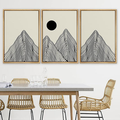 SIGNLEADER Framed Canvas Print Wall Art Set Geometric Mountain Range Sun Landscape Nature Wilderness Illustrations Modern Art Minimalism Decorative for Living Room, Bedroom, Office - 24"x36"x3 NATURAL