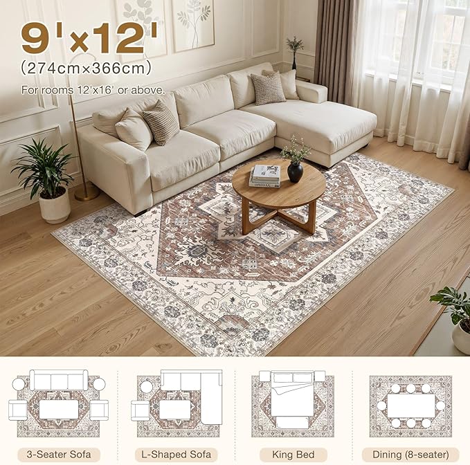 Area Rug 9x12 for Living Room - Washable Oriental Vintage Floral Distressed Large Indoor Carpets with Non Slip Back for Bedroom Dining Room Nursery Office Home Decor -Terracotta/Brown