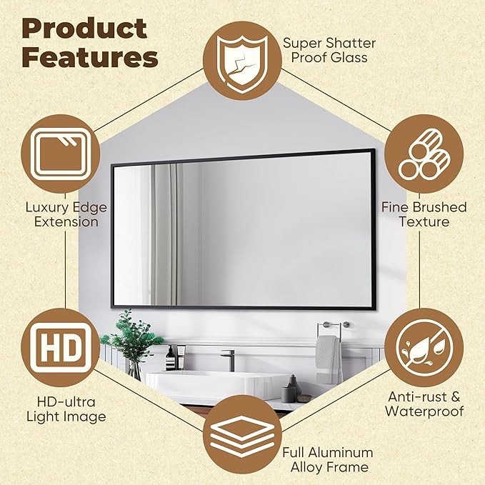 Antok 60x30 Black Metal Framed Bathroom Mirror, Square Edge Rectangular Wall Mirror, Vanity Mirror for Over Sink, Anti-Rust Tempered Glass, Horizontal/Vertical Hanging, Modern Farmhouse Decor