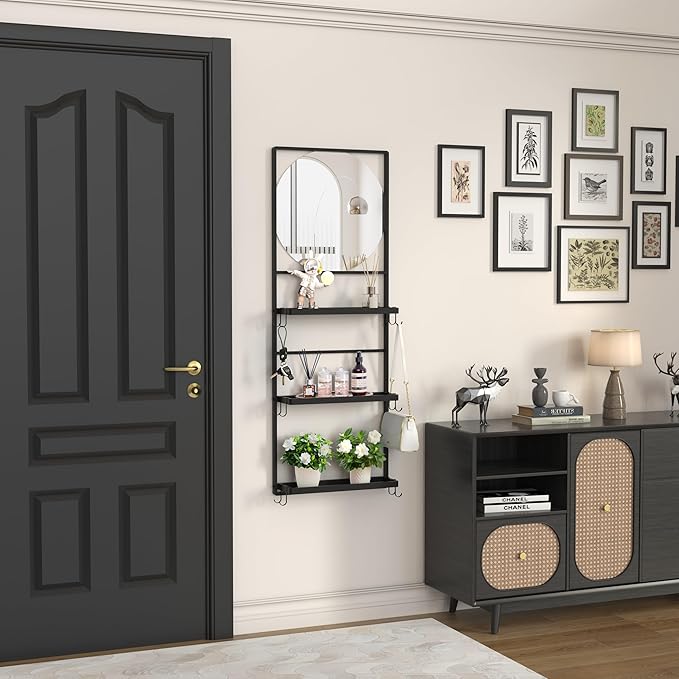 45" X 16" Black Wall Mirror with Shelf and Hooks, Round Mirror for Wall, 3 Trays and 12 Removable Hooks,for Living Room, Hallway, Bedroom (Black-Round)