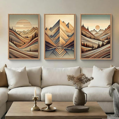 Aryroi Vintage Woodcut Style Mountain Framed Canvas Wall Art Set,Mid Century Nature Woodland Pine Tree Wall Decor,Modern Boho Brown Sunrise Forest Artwork for Living Room,Bedroom,Office-24 x36 x3