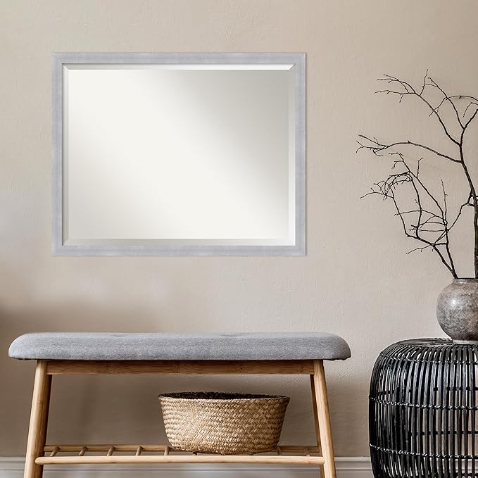 Amanti Art Silver Bathroom Mirror for Over Sink, 24x30 Grace Brushed Nickel Narrow Rectangle Vanity Mirror, Large Modern Frame, Hangs Horizonally and Vertically, Bathroom Wall Decor, Beveled Edge
