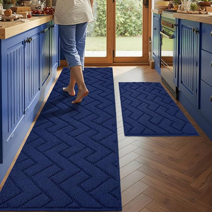 hicorfe Kitchen Runner Rugs and Mats Sets,2 Pieces Absorbent Non-Slip Kitchen Rug,Comfort Kitchen Mat for Floor,Washable for Kitchen,Hallway,Office,Sink,Laundry(24"x71"+20"x32",Navy Blue)