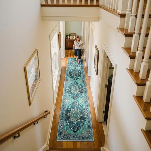 RELEANY Area Rugs 2'x10' Runner Rug Non Slip Washable for Kitchen Hallway Bedroom Beside Laundry Room Bathroom Rug, Floor Carpet, Teal Green Lake Blue Turquoise