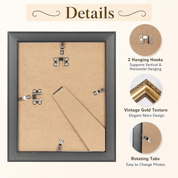 JCJMY 8x10 Vintage Picture Frame with 5x7 Mat Set of 2, Elegant Retro 8 by 10 Photo Frame with Shatter-Resistant Plexiglass for Wall or Tabletop Display, Gallery Decor & Gift, Gold, 2 Pack