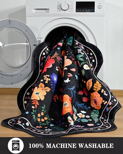 Macgace Black Round Rug for Girls Bedroom, 5ft Machine Washable Floral Area Rugs with Non Slip Backing, Cute Flower Carpet Kitchen Living Room Kids Playroom Decor