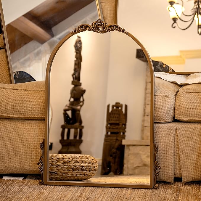 32''x24'' Antique Gold Arched Wall Mirror with Metal Flower Carving Frame, Small Vintage Retro Baroque Mirror Ornate, Vanity Mirror for Bathroom, Fireplace,Entryway, Living Room