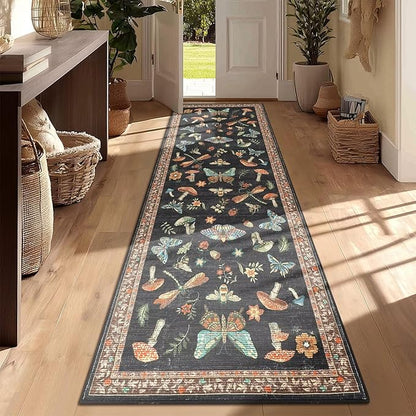 ROYHOME Mushroom 9x12 Area Rugs for Living Room Low-Pile Whimsical Cottage Core Insect Bug Butterfly Funky Dark Gothic Decor for Bedroom Nursery Dining Room Black Brown