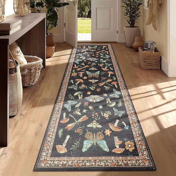 Mushroom 2x6 Runner Rug for Hallway Washable Kitchen Rugs Non Slip Low-Pile Whimsical Cottage Core Insect Bug Butterfly Funky Decor for Entryway Bathroom Bedroom Black Brown