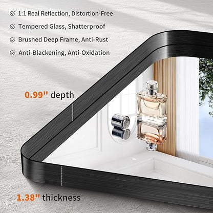 CIRCUMI Black Bathroom Mirror, 40"x48" Rectangular Mirror with Deep Metal Frame, Rounded Corner, Tempered Glass, Large Mirror for Wall, Over 2 Sinks, Installed Vertically/Horizontally, Crystal-Clear