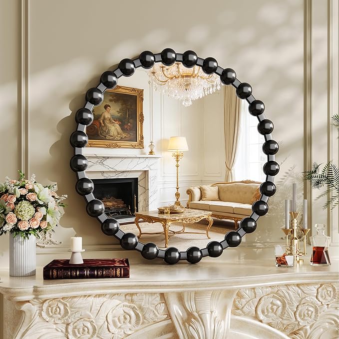 Round Vanity Mirror with Beaded Frame, 24 Inch Circle Wall Mirror for Bedroom Dresser, Entryway, Bathroom, Living Room, Decorative Hanging Wall Mirror, Black