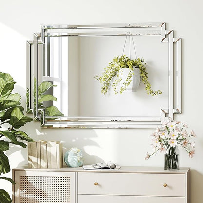Rectangular Large Decorative Wall Mirror with Mirrored Frame, 28" X 40" Modern Large Bathroom Mirror with Glass Pieces and Beveled Edge, Hang Horizontally or Vertically