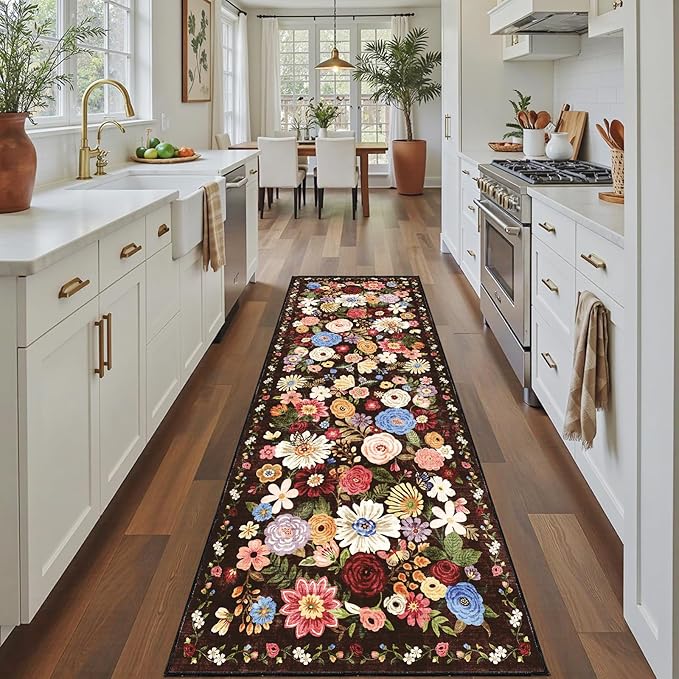 Floral Hallway Runner Rug Black/Brown Carpet Non-Slip, 2x10 Washable Ultra-Thin Soft for Hallways, Kitchen Mat Stain Resistant for Entryway Bathroom