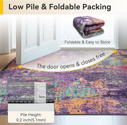RELEANY Washable Area Rugs 8'x10' Non-Slip Modern Abstract Soft for Living Room Entryway Bedroom Nursery, Print Pattern, Purple Orange Blue Green Rust Red Colorful