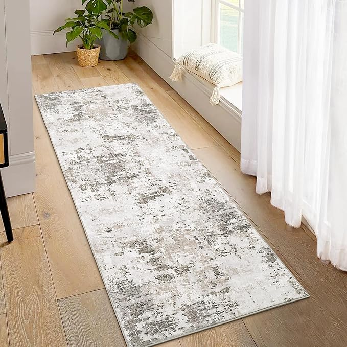ROYHOME 2x6 Modern Abstract Runner Rug Non Slip Soft Stain Resistant Low Pile Machine Washable Non Shed Rug for Hallway Kitchen Bathroom, Taupe/Beige