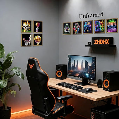 Neon Gamer and Basketball Wall Art Set of 9, Cool Gaming Headset Skull Controller Sports Canvas Prints, Colorful Graffiti Style Posters for Boys Teen Bedroom Game Room Wall Decor 8x10 Inch Unframed