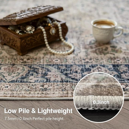 FMFUNCTEX 8x10 Brown Washable Area Rug Vintage Distressed Oriental Non Slip Low Pile Neutral Indoor Carpet for Living Room Bedroom Soft Retro Floral Thin Large Rug for Dining Nursery Office Dorm
