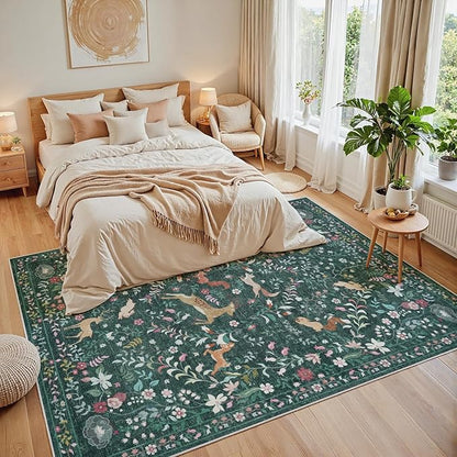 8x10 Area Rugs Washable Rug: Lagre Boho Living Room Rug Soft Non-Slip Thin Carpet Indoor Floor Non-Shedding Neutral Floral Carpets for Bedroom Dining Room Farmhouse Nursery Dark Green
