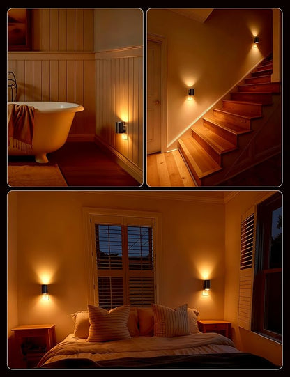 Brightown 2 Pack Black White Night Lights Plug into Wall, Modern Night Light with Rotating Plug, Dusk to Dawn Sensor, 0-100LM Stepless Dimming Aora Night Light for Hallway Bedroom Bathroom,Amber