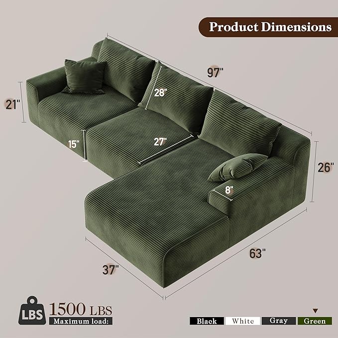 Homkdom L-Shaped Cloud Boneless Couch with Deep Seat, Modular Sectional Sofa with Oversized Chaise, 6 Layouts Combination for Living Room, Apartment, No Assembly (Green, Right Facing Chaise)