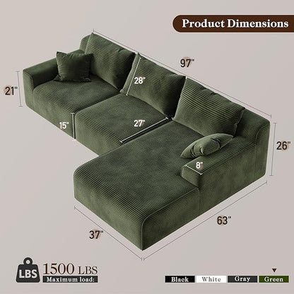 Homkdom L-Shaped Cloud Boneless Couch with Deep Seat, Modular Sectional Sofa with Oversized Chaise, 6 Layouts Combination for Living Room, Apartment, No Assembly (Green, Right Facing Chaise)
