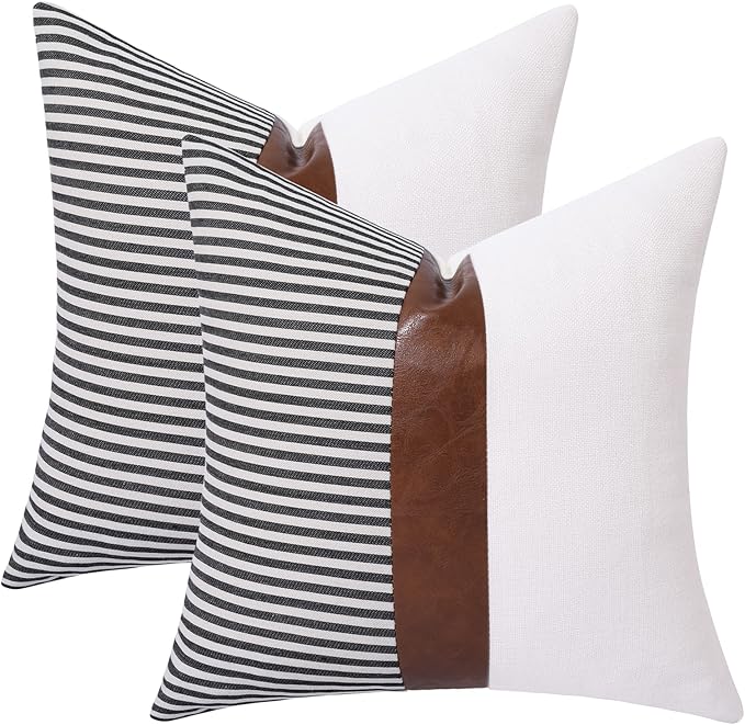 Mecatny Set of 2 Faux Leather Throw Pillows 18x18 with Inserts, Boho Striped Farmhouse Outdoor Pillows, Decorative Accent Cushions for Couch, Patio & Living Room, Black