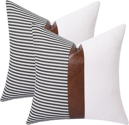 Mecatny Set of 2 Faux Leather Throw Pillows 18x18 with Inserts, Boho Striped Farmhouse Outdoor Pillows, Decorative Accent Cushions for Couch, Patio & Living Room, Black