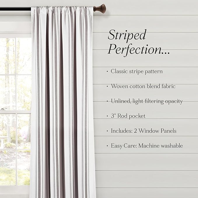 Lush Decor Farmhouse Stripe Yarn Dyed Eco-Friendly Recycled Cotton Window Curtain Panel Pair, 42" W x 63" L, Gray - Classic Modern Rustic Charm - Eco Friendly Cotton Fabric