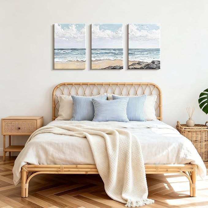 WENGTIAO Beach Canvas Wall Art Prints Set of 3 Coastal Seaside Wall Paintings Abstract Seascape Photos Pictures Blue Ocean Artwork for Home Decor Living Room Bedroom Office 16”x24”x3