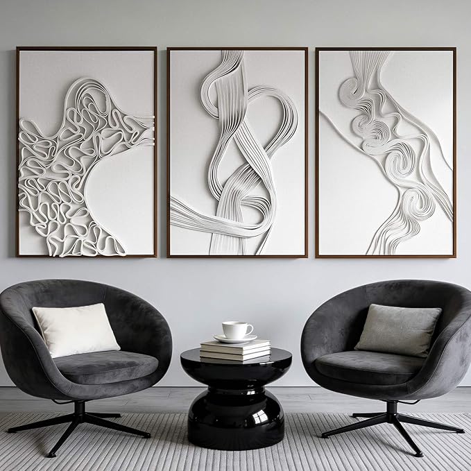 Thalasse 3D Abstract Canvas Wall Art Triptych, Neutral Textured Relief Wall Decor for Living Room, Minimalist Sandstone Sculpted Art Set of 3 with Walnut Wood Frame, 24" x 36" Each Panel