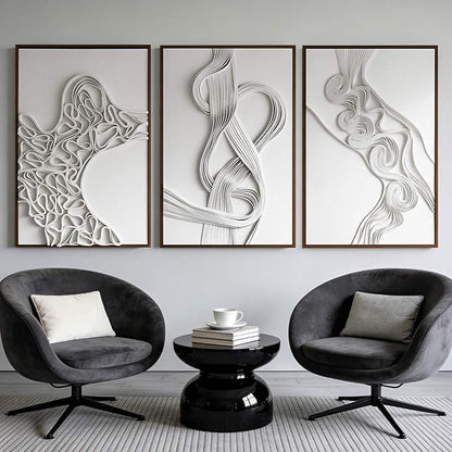 Thalasse 3D Abstract Canvas Wall Art Triptych, Neutral Textured Relief Wall Decor for Living Room, Minimalist Sandstone Sculpted Art Set of 3 with Walnut Wood Frame, 24" x 36" Each Panel