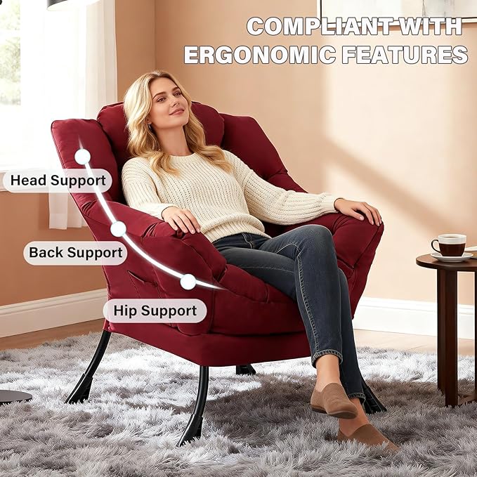 MBOOYOME Lazy Chair, Modern Soft Reading Chair Accent Contemporary Sofa Chair with Armrests and a Side Pocket for Living Room, Bedroom, Dorm & Office, Burgundy