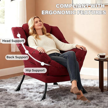 MBOOYOME Lazy Chair, Modern Soft Reading Chair Accent Contemporary Sofa Chair with Armrests and a Side Pocket for Living Room, Bedroom, Dorm & Office, Burgundy