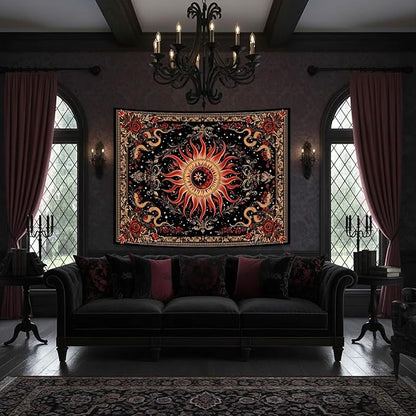 Neasow Gothic Sun Tapestry, Vintage Snake Rose Floral Wall Art, Mystic Black Red Retro Decor for Living Room Bedroom Home, 44x60 inches