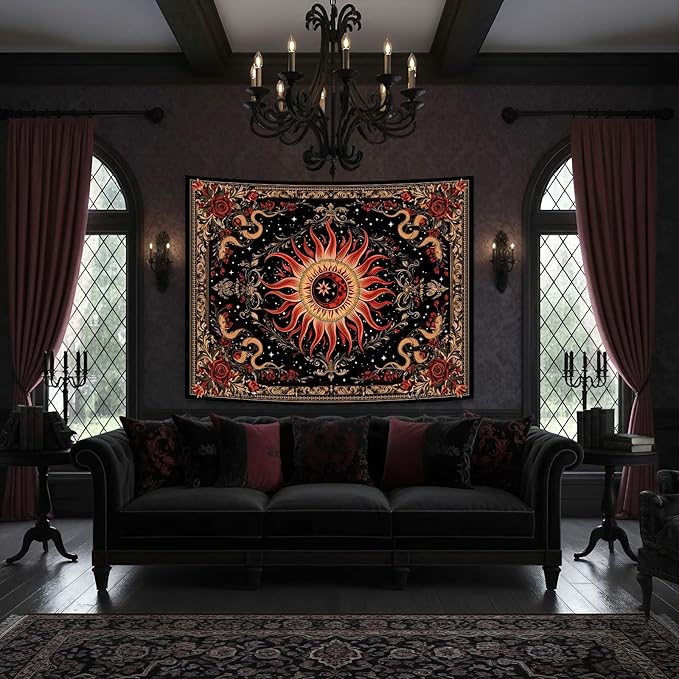 Neasow Gothic Sun Tapestry,Vintage Rose Snake Floral Wall Hanging, Mystic Retro Black Red Decor for Home Bedroom Living Room, 60x80 inches