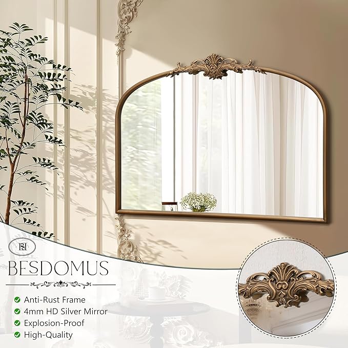 Besdomus Vintage Arched Gold Mirror: 32"x24" French Large Gold Vintage Wall Mounted Mirror - Baroque Traditional Ornate for Bedroom/Fireplace/Bathroom/Hallway - Wall Decor for Fashion-Conscious