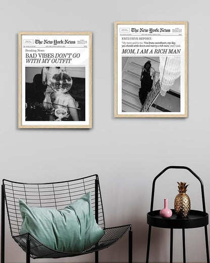 EcoHest Trendy Newspaper Magazine Framed Wall Art, 12x16 in OAK Wood Bad Vibes Don't Go With My Outfit Disco Bar Canvas Wall Art, Preppy Retro Home Decor For Bedroom Living Room 1Pack