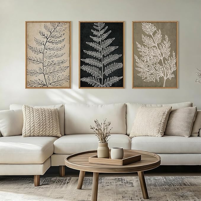 KAIRNE Vintage Botanical Framed Canvas Wall Art Set, Retro Fern Leaf Wall Decor, Rustic Black Tan Art Prints, Modern Minimalist Leaves Artwork for Living Room,Bedroom,Farmhouse,Office-24 x36 x3
