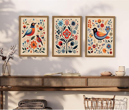 Scandinavian Folk Wall Art Nodic Flower Canvas Wall Decor Norwegian Wall Art Poster Swedish Antique Wall Decor Pictures Floral Bird Prints Vintage Poster for Home Kitchen 12x16x3 Inch Framed