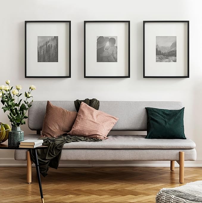 Kate and Laurel Gibson Modern Wall Picture Frame Set of 3; 16x20 matted to 8x10; Black; Three-Piece Frame Set for Gallery Wall Frame Set in Living Room Wall Décor