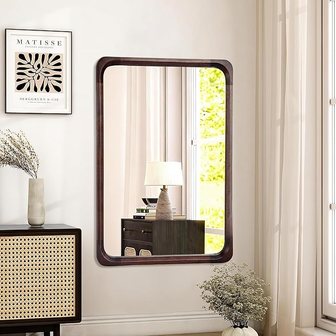 Tanmicoshomy Wood Bathroom Mirror 26 x 40 Inch, Solid Wood Framed Rectangle Mirrors with Tempered Glass for Living Room Bedroom Office or Entryway(Dark Brown)