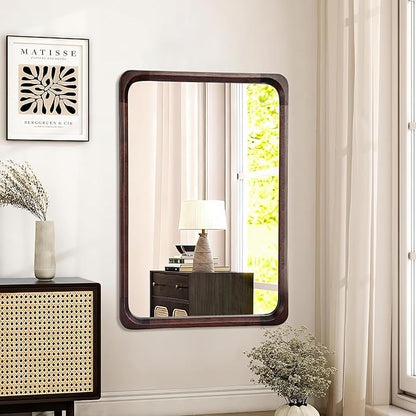 Tanmicoshomy Wood Bathroom Mirror 26 x 40 Inch, Solid Wood Framed Rectangle Mirrors with Tempered Glass for Living Room Bedroom Office or Entryway(Dark Brown)