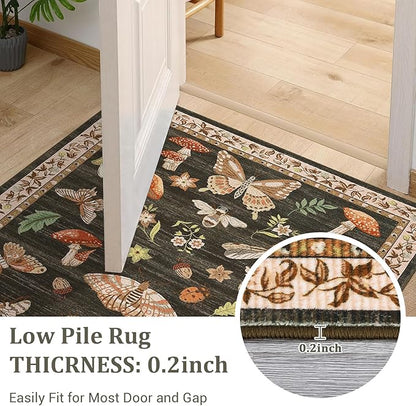 ROYHOME Mushroom Insect Washable Rug 2x6 Runners for Hallways, Boho Kitchen Runner Rugs Non Slip Bath Runner, Modern Bedroom, Soft Long Entryway Bathroom Laundry Dorm, Brown